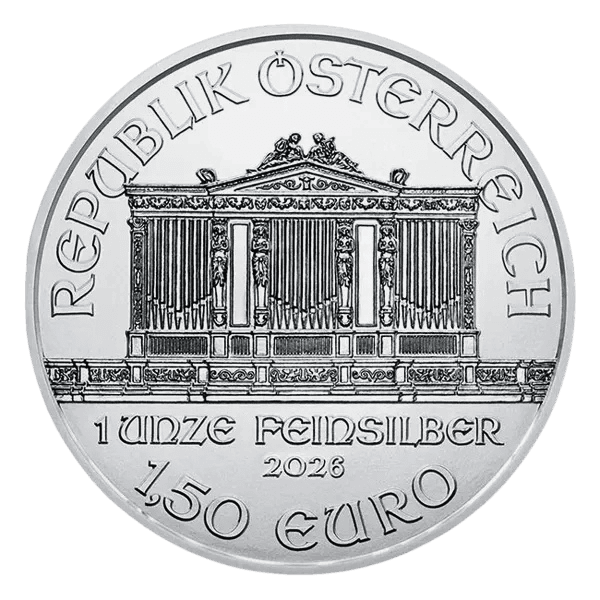 Silver Vienna Philharmonic obverse showing the Great Organ